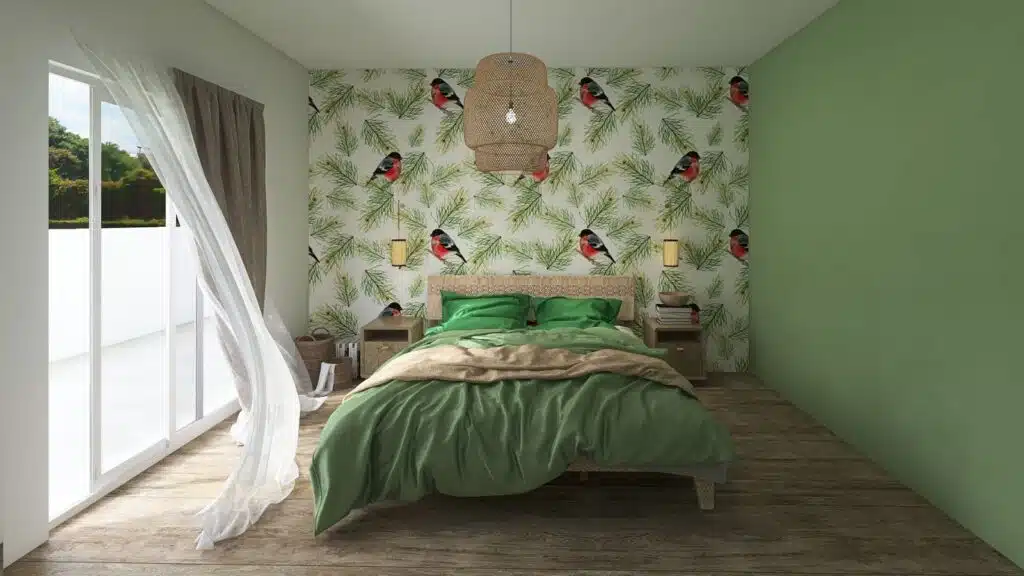 decorare la camera con carta da parati con uccellini verdi 