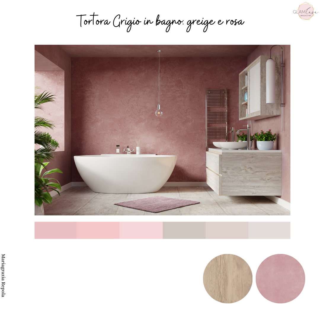 Color tortora grigio in bagno: greige e rosa